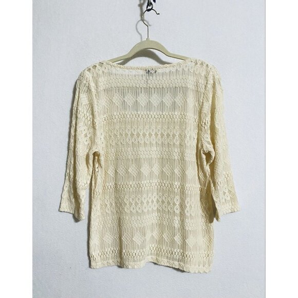 Lucky Brand Womens Medium Embroidered Tribal Print Sheer Top 3/4 Sleeve Ivory - Picture 4 of 6